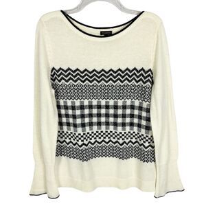 Talbots Cream Black Silver Gingham Check Wool Blend Pullover Sweater Large